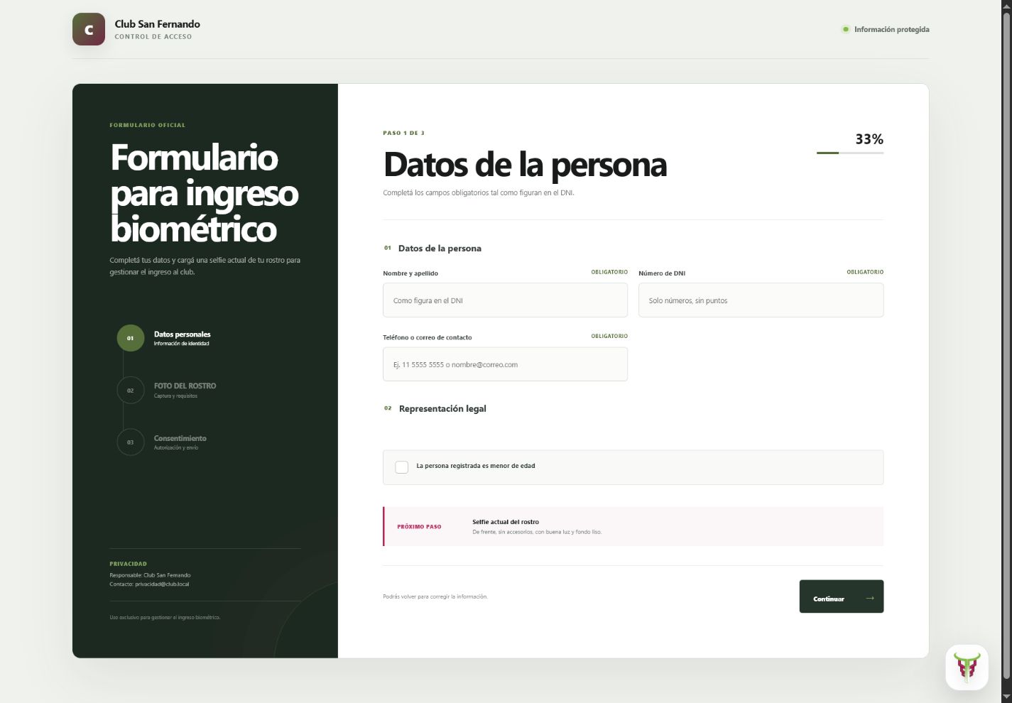 Formulario real para el alta biométrica de socios
